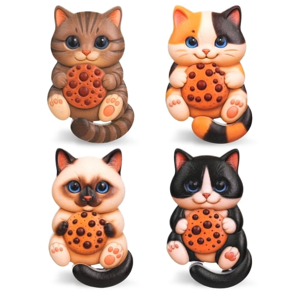 CoTa Global 3D Snack Time Cookie Cats Fridge Magnets Set of 4 - Cute Cat Holding Cookie Refrigerator Magnets for Pictures or Notes, Pet-Themed Magnetic Animals for Fridge, Locker, Board - 3 Inches