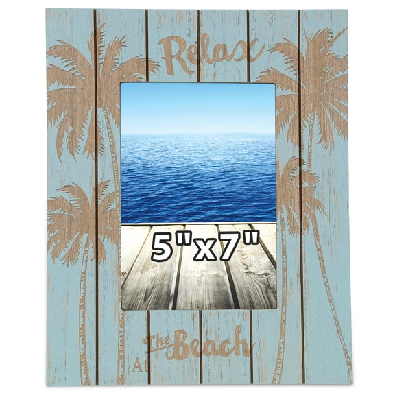 CoTa Global Aqua Palm 5x7 Frame - Blue Distressed Wood Palm Photo Frame for Summer Vacation Memory, Handmade Aqua Palm Nautical Picture Frame For Tabletop or Wall Hang - 11 Inches