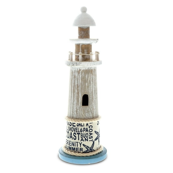 CoTa Global Aqua Sky Lighthouse Decor - Handmade and Crafted Wooden Lighthouse Decoration with Navy Blue Text, Decorative Beach Style Tabletop Centerpiece - 12 Inches