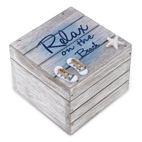 CoTa Global Aqua Sky Relax Wooden Box - Medium Handcrafted Nautical Trinket with Sandals and Starfish Decoration, Accent Tabletop Home Decor, Beach Jewelry Store Organizer - Handmade Color May Vary