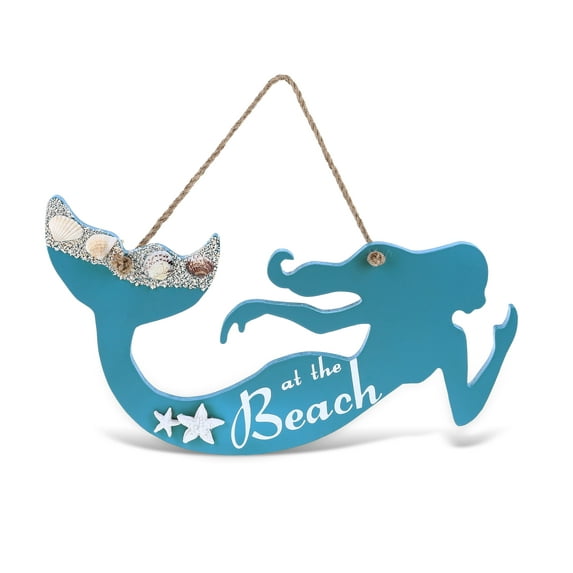 CoTa Global Aqua Sky Wall Decor Mermaid Hanging Sign - Handmade and Crafted Wooden Mermaid Sign with Rope for Hanging, Nautical Themed Home Decor, Mermaid Coastal Ornament - Handmade Color May Vary