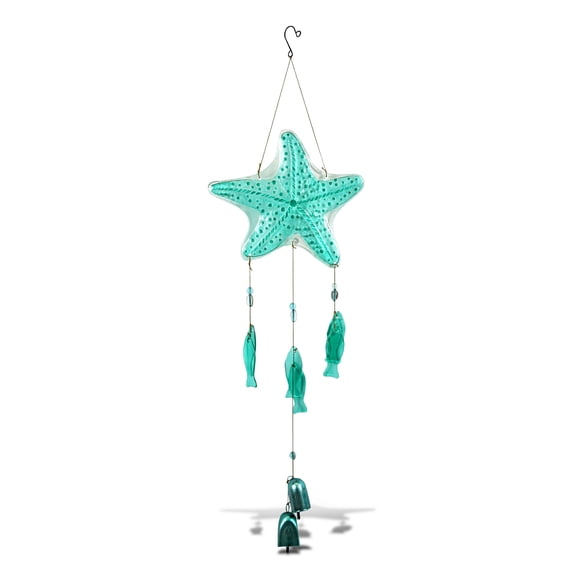 CoTa Global Aqua Starfish Hanging Sea Glass Wind Chime 32.68 Inch, Nautical Glass Windchime Outdoor Decor for a Harmonic Porch, Patio & Garden, Unique Beach Art Indoor Wind Chime Window Mobile