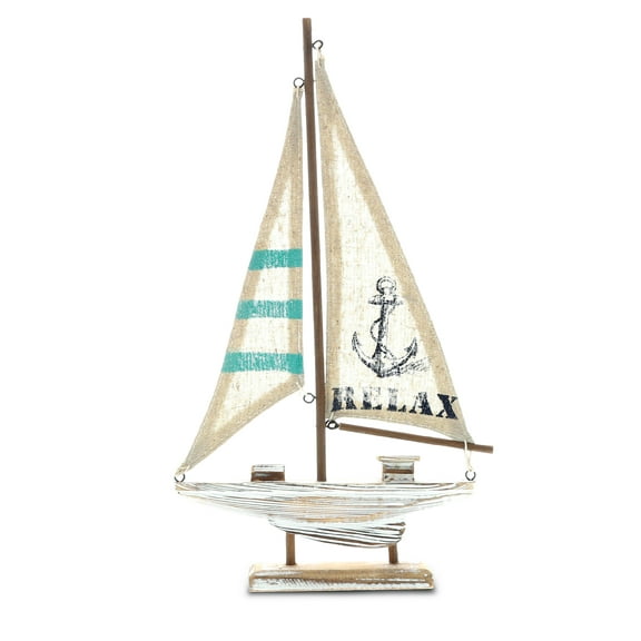 CoTa Global Aquarius Sailboat Decor - Large Handmade Wooden Boat Decor Cute Beach Style Model Sail Boat Decorations, Nautical Themed Table Top Decor