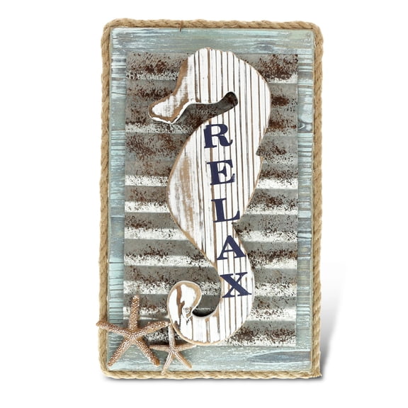 CoTa Global Aquarius Seahorse Relax Nautical Decor Wall Accent- Nautical Themed Wood Accent, Beach Decor for Wall, Novelty Seahorse with Starfish Relax Wooden Figure, Coastal Wall Decor Accent