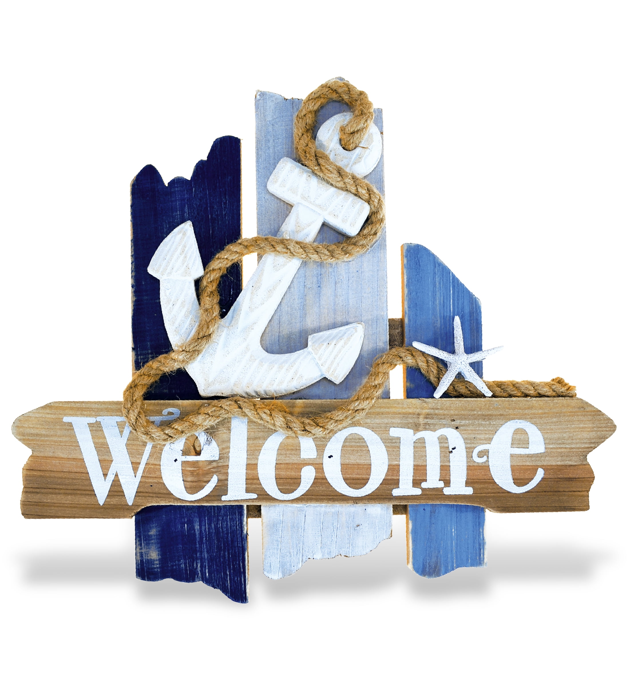 Nautical Blue and White Wooden Anchor Welcome Sign
