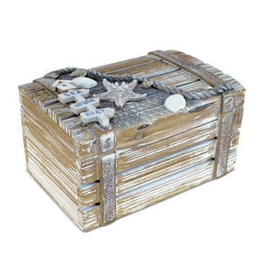 CoTa Global Baja Beach Medium Wooden Jewelry Box - Handcrafted Nautical Trinket with Seashell and Starfish Decorations Accent Tabletop Home Decor, Jewelry Storage - 6.75 Inch