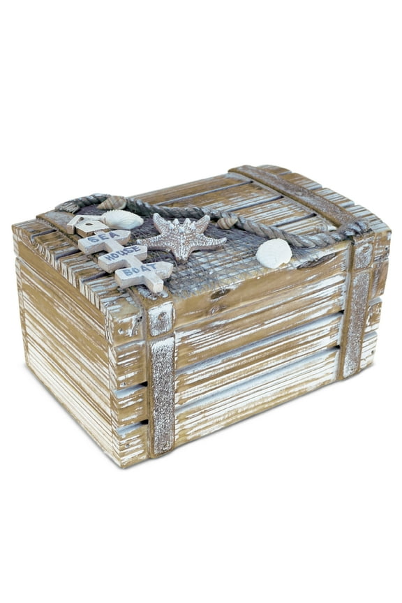 CoTa Global Baja Beach Medium Wooden Jewelry Box - Handcrafted Nautical Trinket with Seashell and Starfish Decorations Accent Tabletop Home Decor, Jewelry Storage - 6.75 Inch