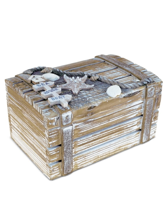 CoTa Global Baja Beach Medium Wooden Jewelry Box - Handcrafted Nautical Trinket with Seashell and Starfish Decorations Accent Tabletop Home Decor, Jewelry Storage - 6.75 Inch