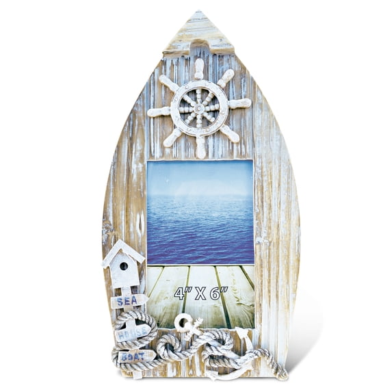 CoTa Global Baja Boat Frame - 4x6 White Distressed Wood Beach Photo Frame for Summer Vacation Memory, Handmade Tropical Nautical Picture Frame for Tabletop and Ocean Decor - 12.25 Inches