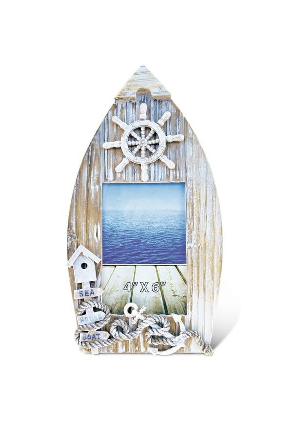 CoTa Global Baja Boat Frame - 4x6 White Distressed Wood Beach Photo Frame for Summer Vacation Memory, Handmade Tropical Nautical Picture Frame for Tabletop and Ocean Decor - 12.25 Inches