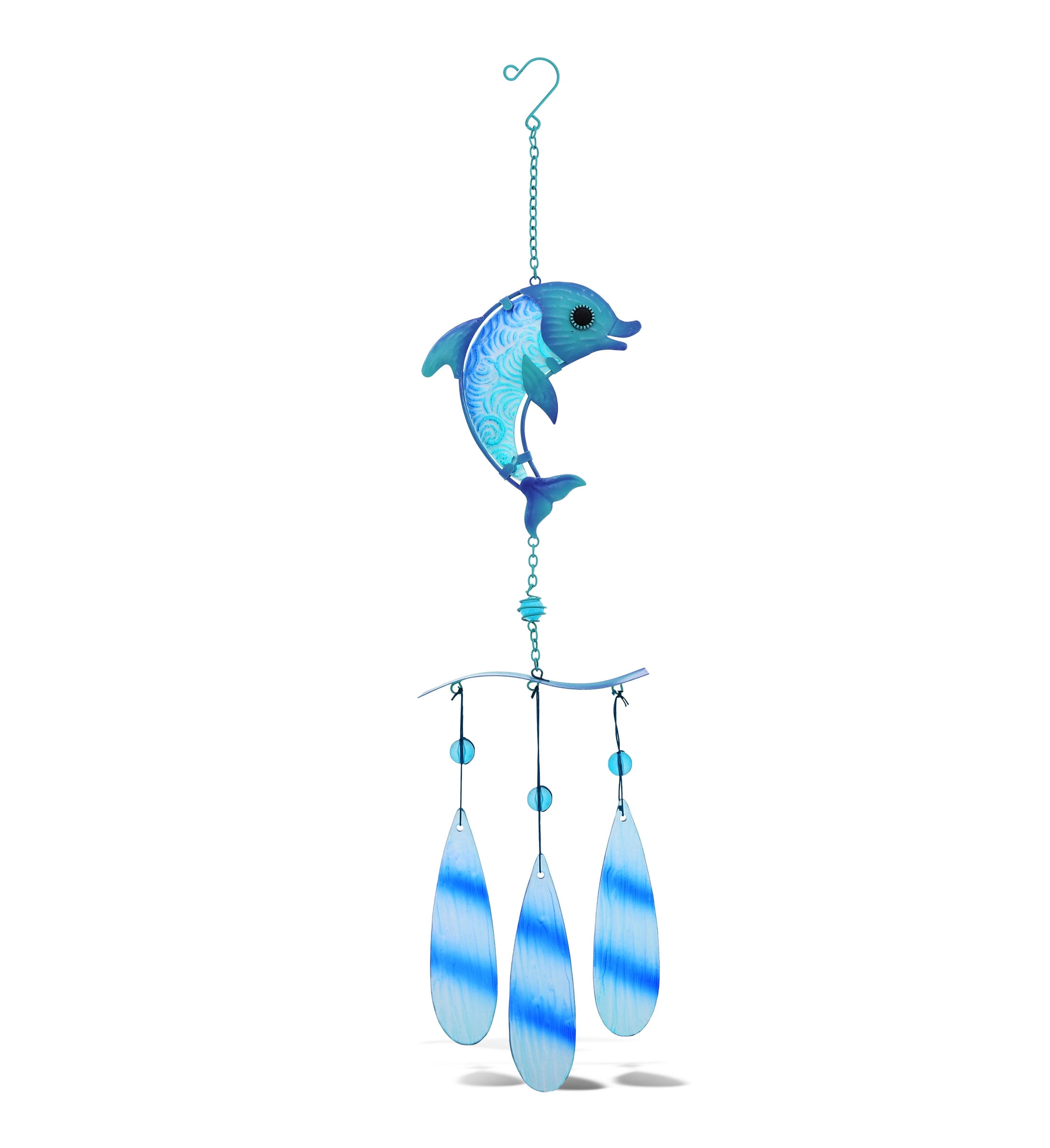 Blue and White Glass Dolphin Wind Chime with Beads