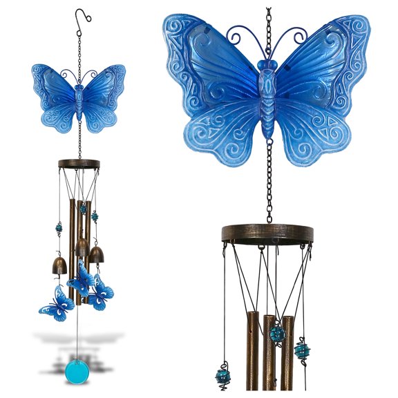 CoTa Global Blue Garden Butterfly Wind Chime - Handmade Glass and Metal Chime - Hanging Decor - Colorful Home Decor Gift, Indoor and Outdoor Hanging Decoration For Porch, Patio, and Garden - 35 Inches
