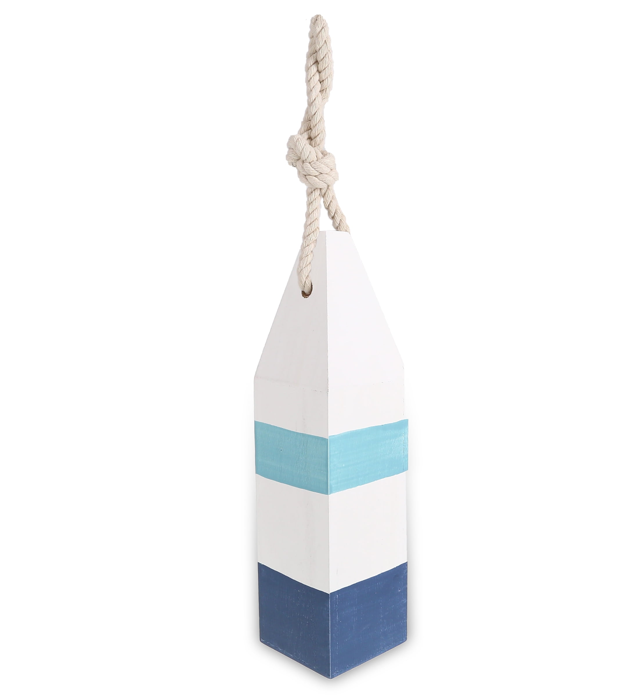 Blue and White Wooden Nautical Buoy with Rope Hanger
