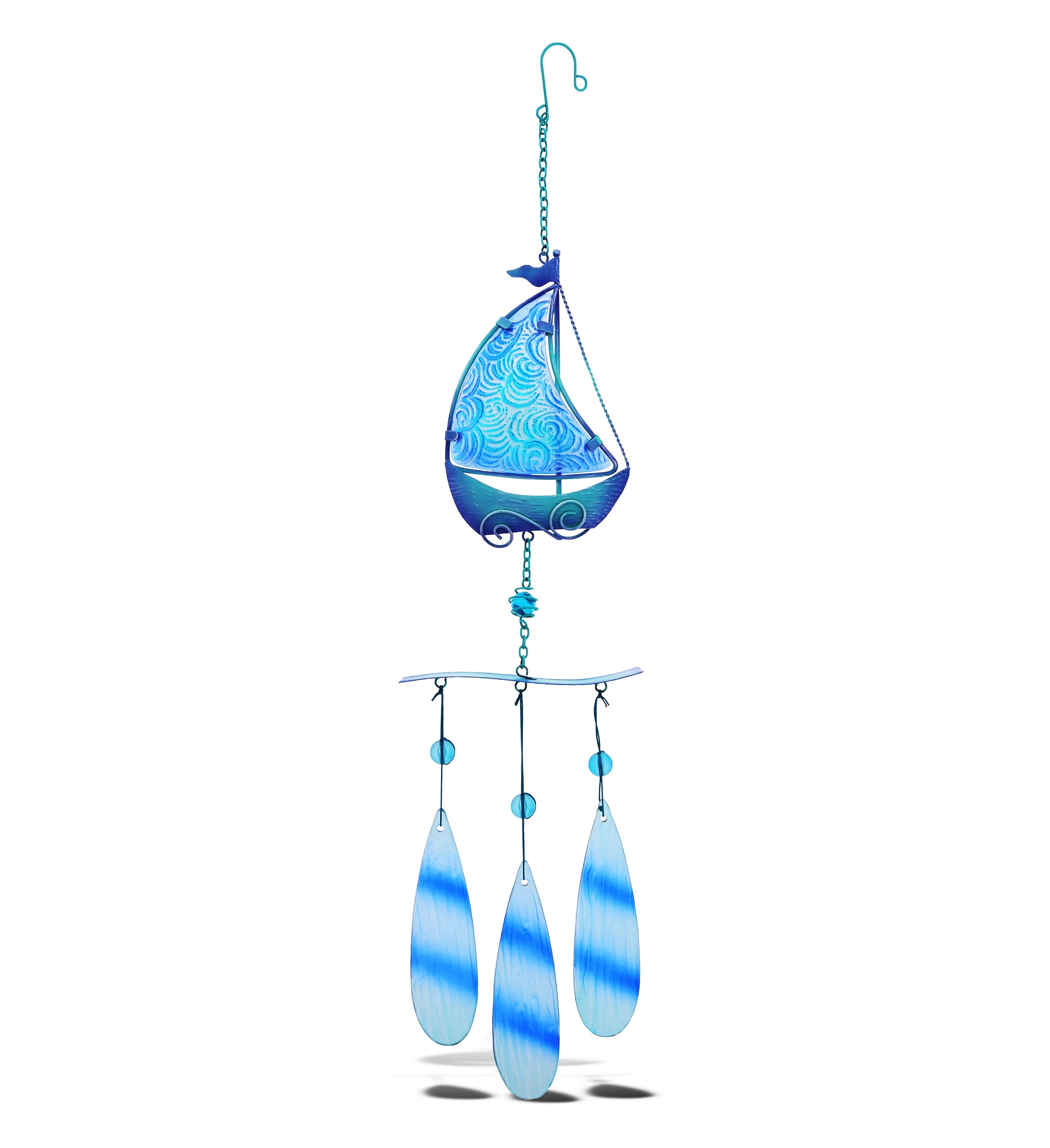 CoTa Global Blue Sailboat Hanging Sea Glass Wind Chime 27.36 Inch, Nautical Glass Windchime Outdoor Decor for a Harmonic Porch, Patio & Garden, Unique Beach Art Indoor Wind Chime Window Mobile
