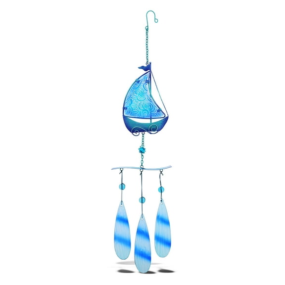 CoTa Global Blue Sailboat Hanging Sea Glass Wind Chime 27.36 Inch, Nautical Glass Windchime Outdoor Decor for a Harmonic Porch, Patio & Garden, Unique Beach Art Indoor Wind Chime Window Mobile