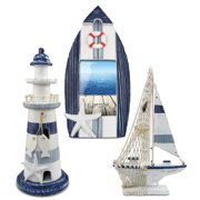 CoTa Global Blue Stripes Nautical Collection - Blue Stripes Boat Beach Frame, Wooden Lighthouse Decoration with Hanging Fish, and Model Sailboat Decor, Nautical Themed Table Top Decor Set - 3 Pieces