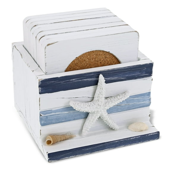 CoTa Global Blue Stripes Nautical Wooden Coaster Set - Table Top Centerpiece Coastal Decor for Kitchen, Home, Beach House, Rustic Decorative 8 Coasters Set with Holder - Handmade Color May Vary