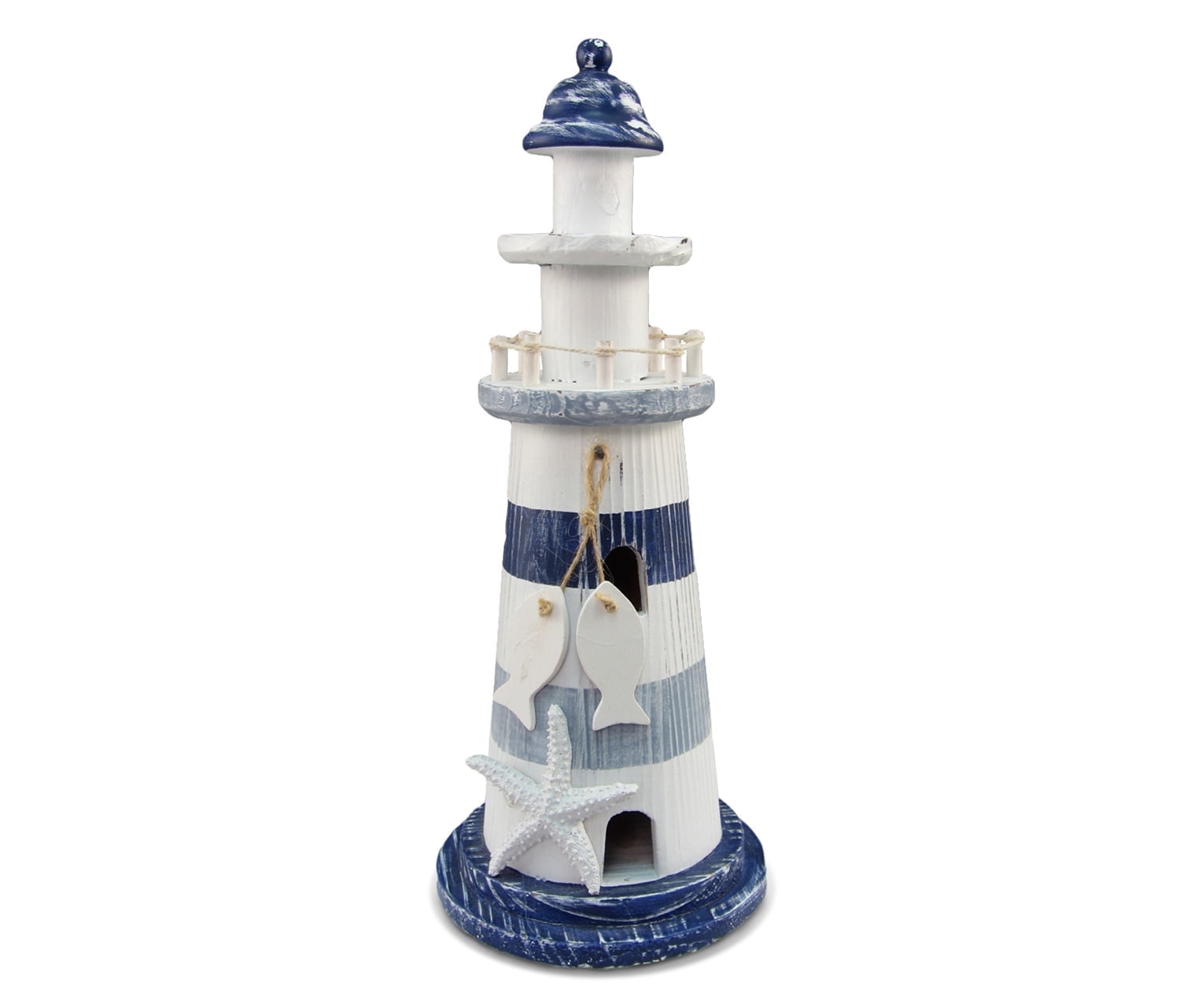 Handcrafted Blue and White Striped Wooden Lighthouse Figurine with Fish and Starfish