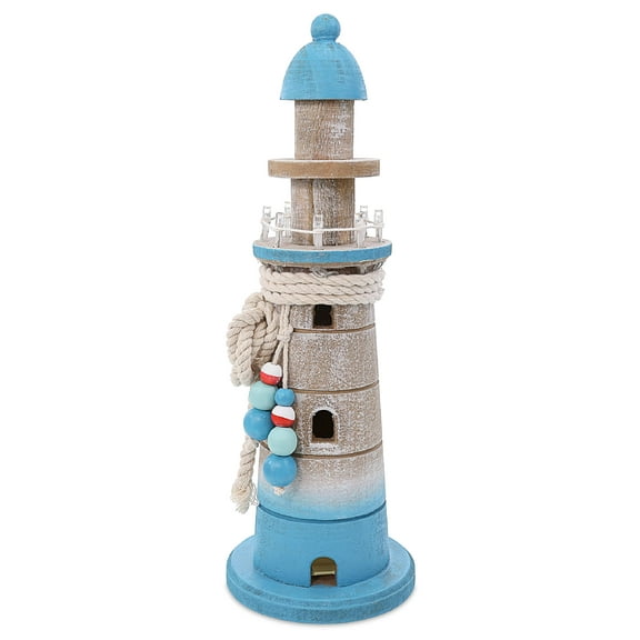 CoTa Global Blue Wave Lighthouse with LED Light Nautical Decor - Handmade Wooden Lighthouse Beach Decorations for Home, Coastal Centerpiece Home Decor for Table Top - 12.25 Inches