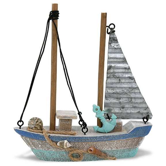 CoTa Global Blue Wave Small Rustic Sailboat Decor - Handcrafted Wooden Boat Decoration, Perfect Nautical Model Sailboat Figure, Cute Beach Themed Home Decor, Small Boat with Anchor - 6.4 Inches