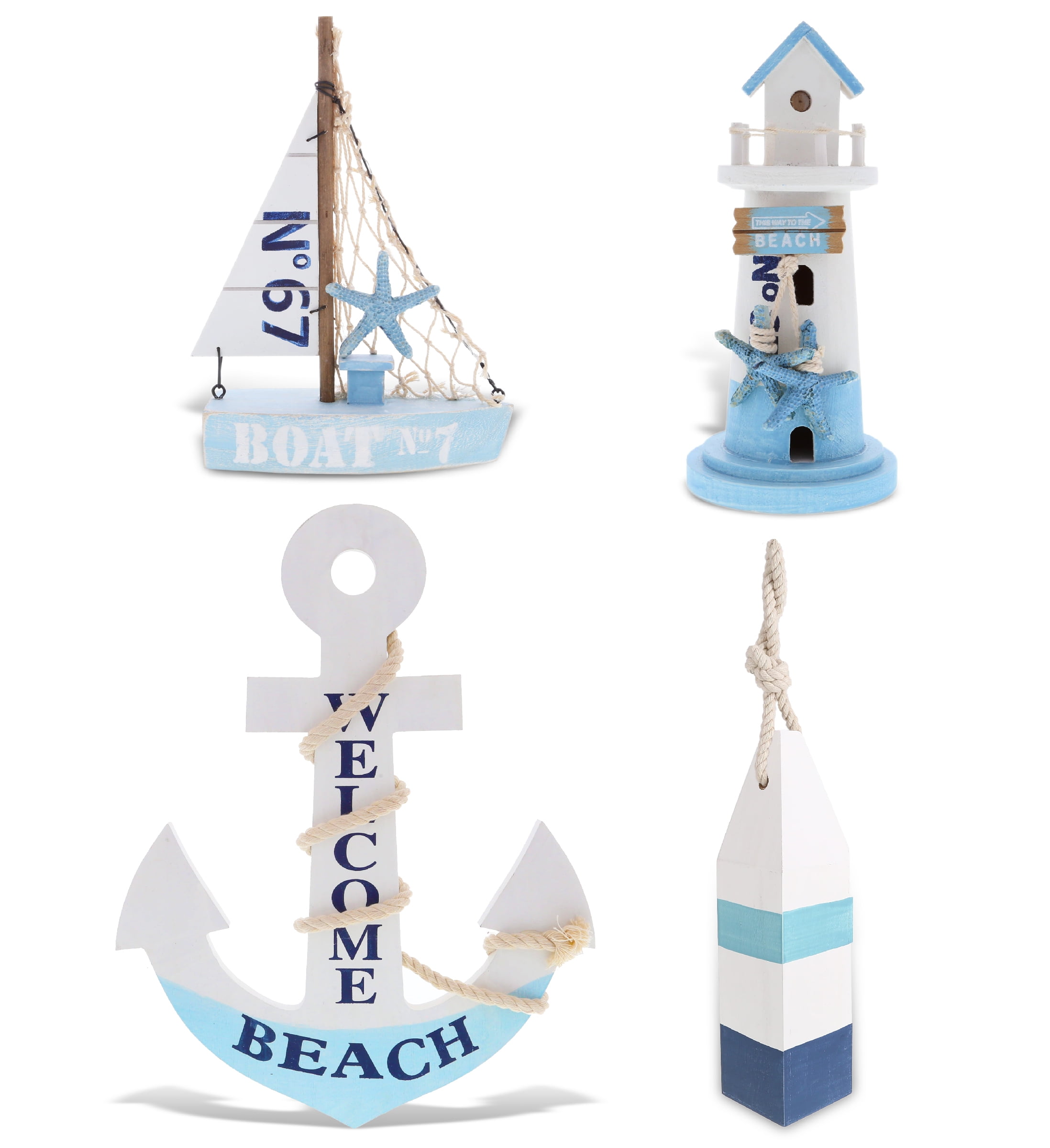 Blue and White Wooden Nautical Wall Mounted Figurine Set