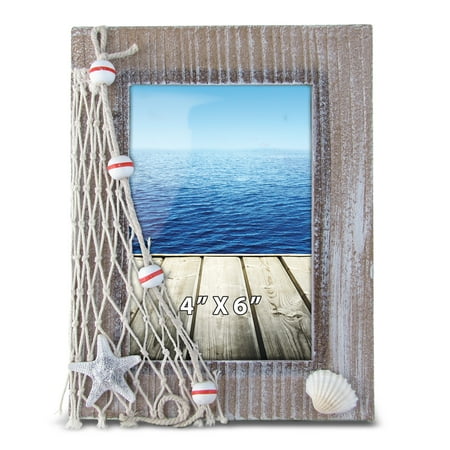 CoTa Global Brown 4x6 Picture Frame - Whitewashed Distressed Wooden Photo Frame with Seashell Display, Handcrafted Beach Theme Photo Frame for Housewarming Gift or Beach Room Decor Display - 7.75 Inc