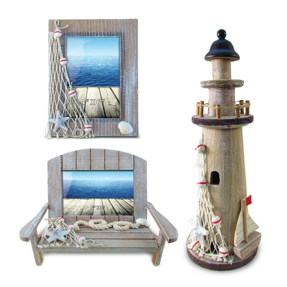 CoTa Global Brown Nautical Collection - Brown Distressed Wooden Photo Frame, Brown Wooden Lighthouse Decor, and Brown Sea Chair Beach Frame, Decorative Tabletop Centerpiece Decor Set - 3 Pieces