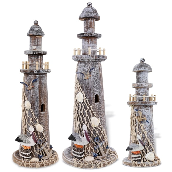 CoTa Global Brown Wooden Lighthouse Collection - Handmade and Crafted Wooden Lighthouse Decoration, Nautical Decorative Beach Style Tabletop Centerpiece Home Dcor Handmade Color May Vary - 3 Pc Set