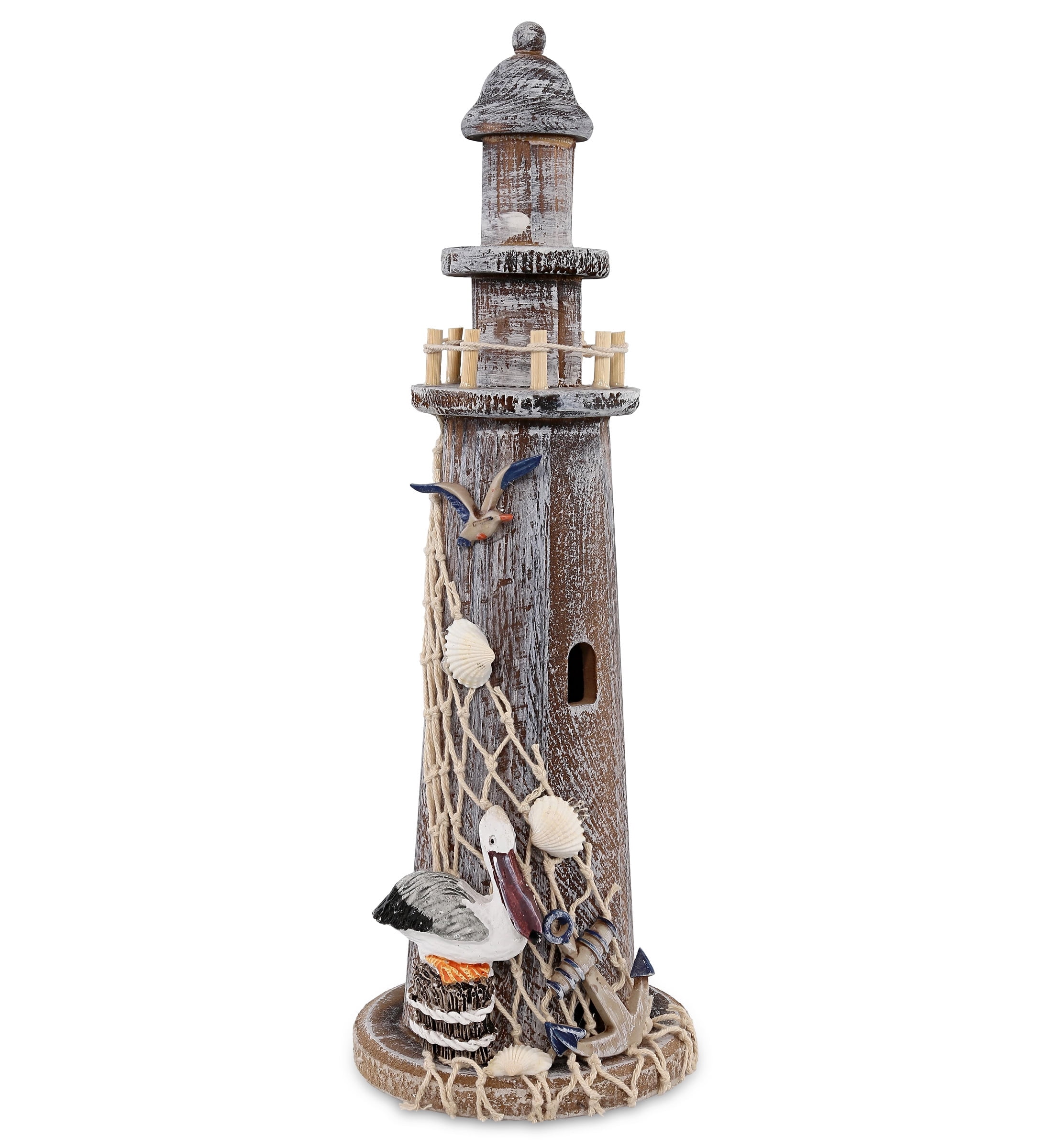 CoTa Global Brown Wooden Lighthouse Decor - Handcrafted Nautical Lighthouse Table Top Centerpiece with Pelican , Fishing Net, Seashells and Anchor Decor, Lighthouse Outdoor Decor - 13.5 Inches