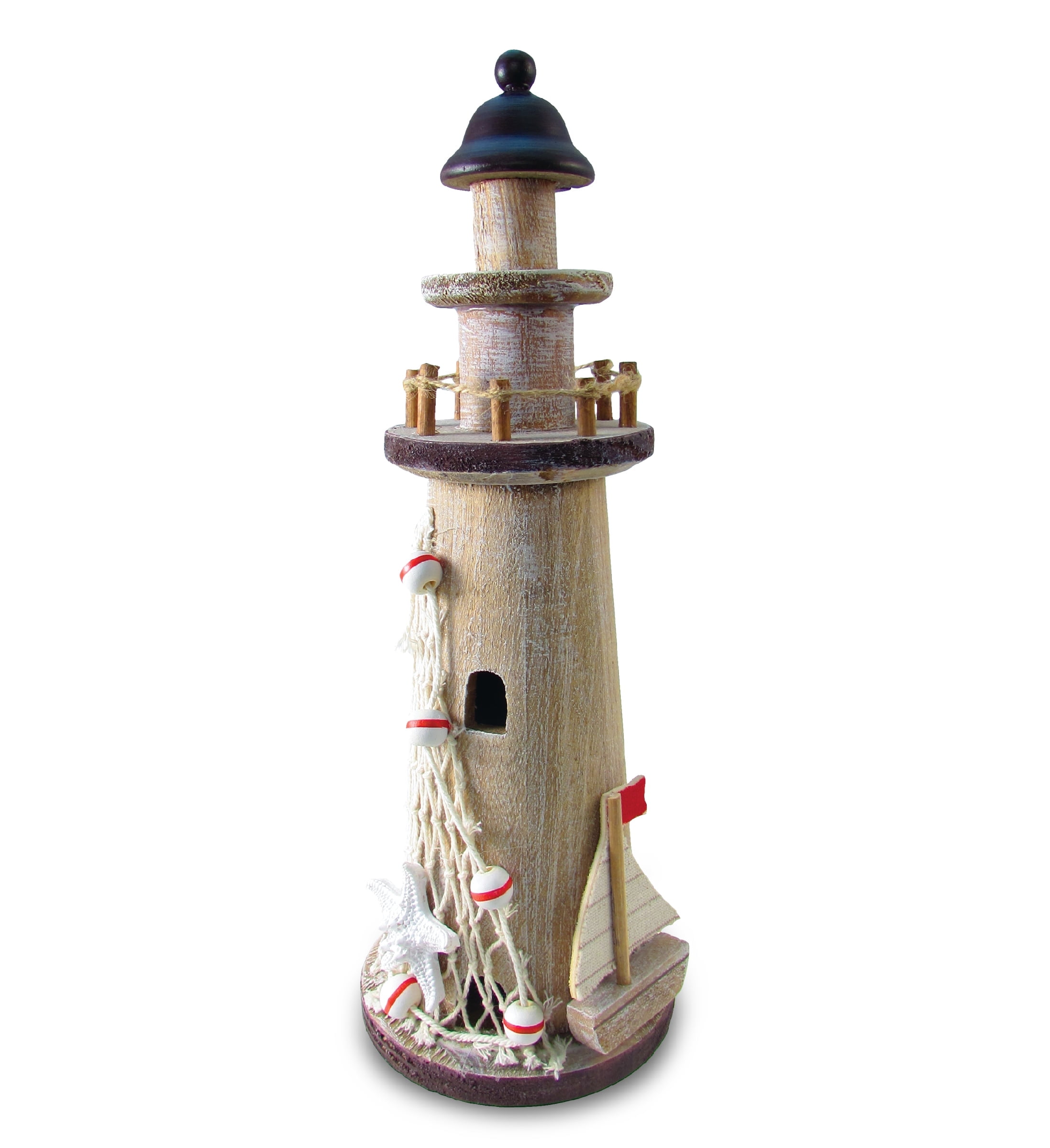Handcrafted Brown Wooden Lighthouse with Fishing Net and Sailboat - 12 Inches