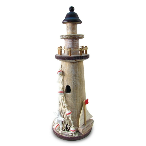 CoTa Global Brown Wooden Lighthouse Decor - Handmade and Crafted Wooden Lighthouse Decoration with Fishing Net, Decorative Beach Style Tabletop Centerpiece, Nautical Themed Home Decor - 12 Inches