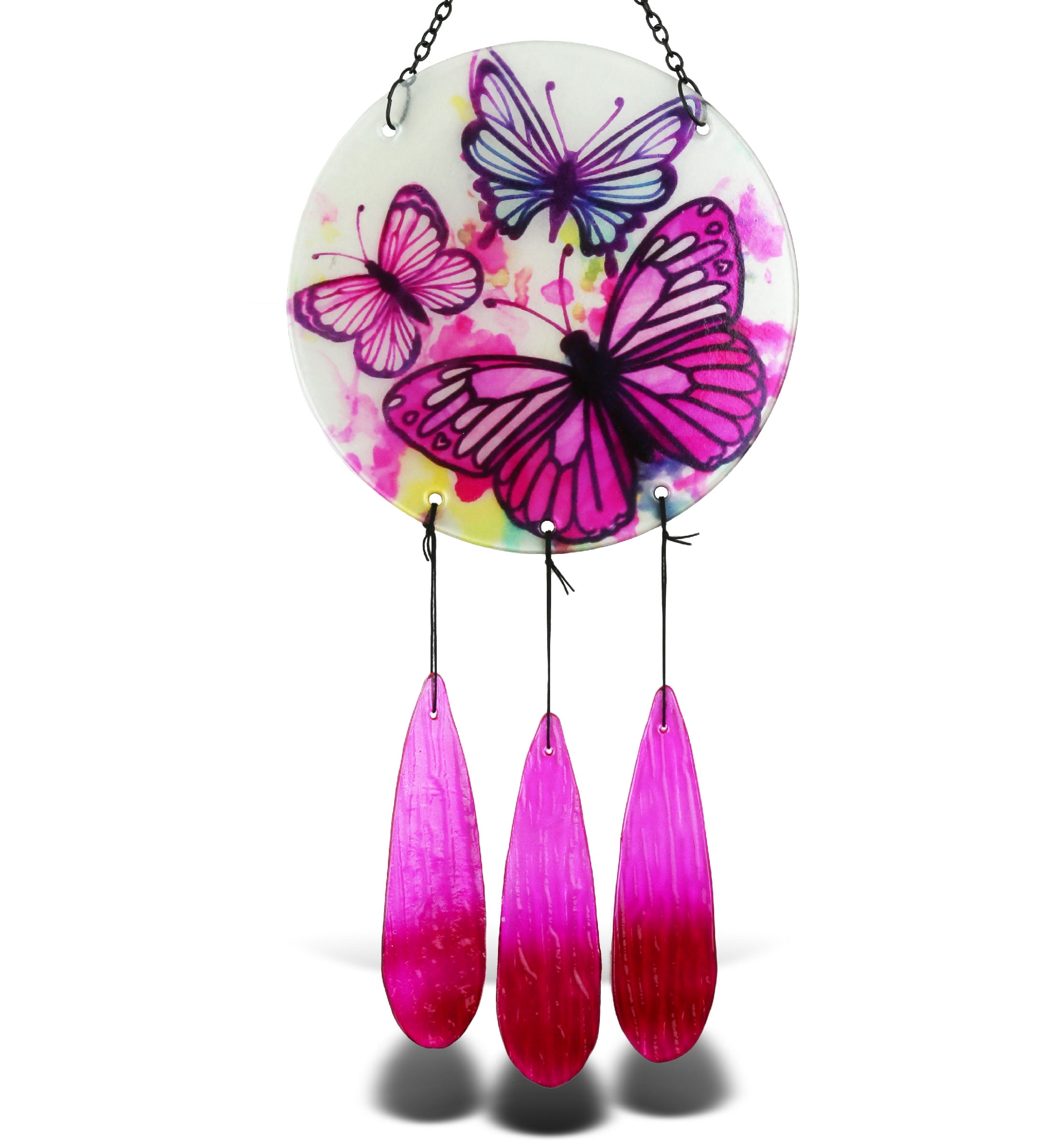 CoTa Global Circle Butterfly Wind Chime - Handmade Glass & Metal Chime, Colorful Butterflies Hanging Home Decor Gift, Indoor & Outdoor Cute Nature Art Decoration For Porch, Patio & Garden - 21.7"