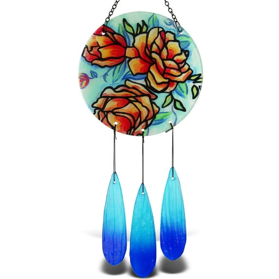 CoTa Global Circle Garden Flowers Wind Chime - Handmade Glass & Metal Chime, Colorful Flowers Hanging Home Decor Gift, Indoor & Outdoor Cute Nature Art Decoration For Porch, Patio & Garden - 21.7"