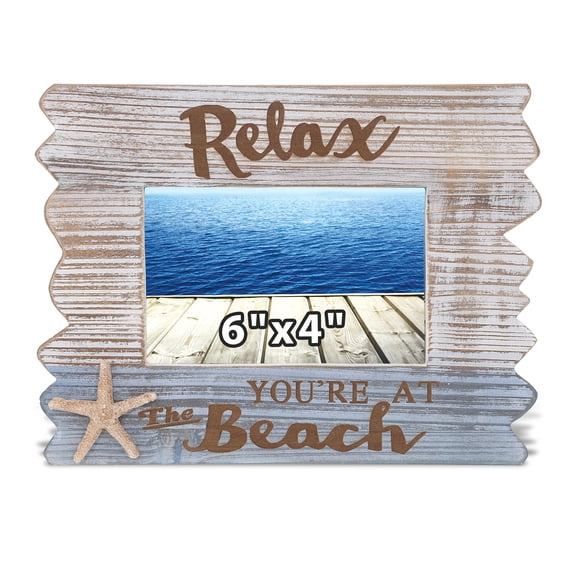 CoTa Global Coastal Horizon 6x4 Frame - White Distressed Wood Starfish Photo Frame for Summer Vacation Memory, Handmade Tropical Wooden Nautical Picture Frame For Tabletop or Wall Hang - 9.75 Inches