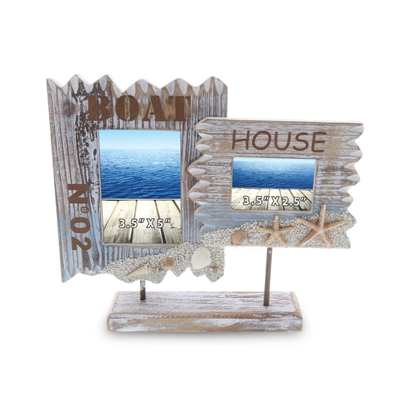 CoTa Global Coastal Horizon Double Photo Frame 3.5x5 - Handcrafted Wooden Nautical Photo Frame for Tabletop Display or Beach Themed Home Decor, Decorative Coastal Ornament