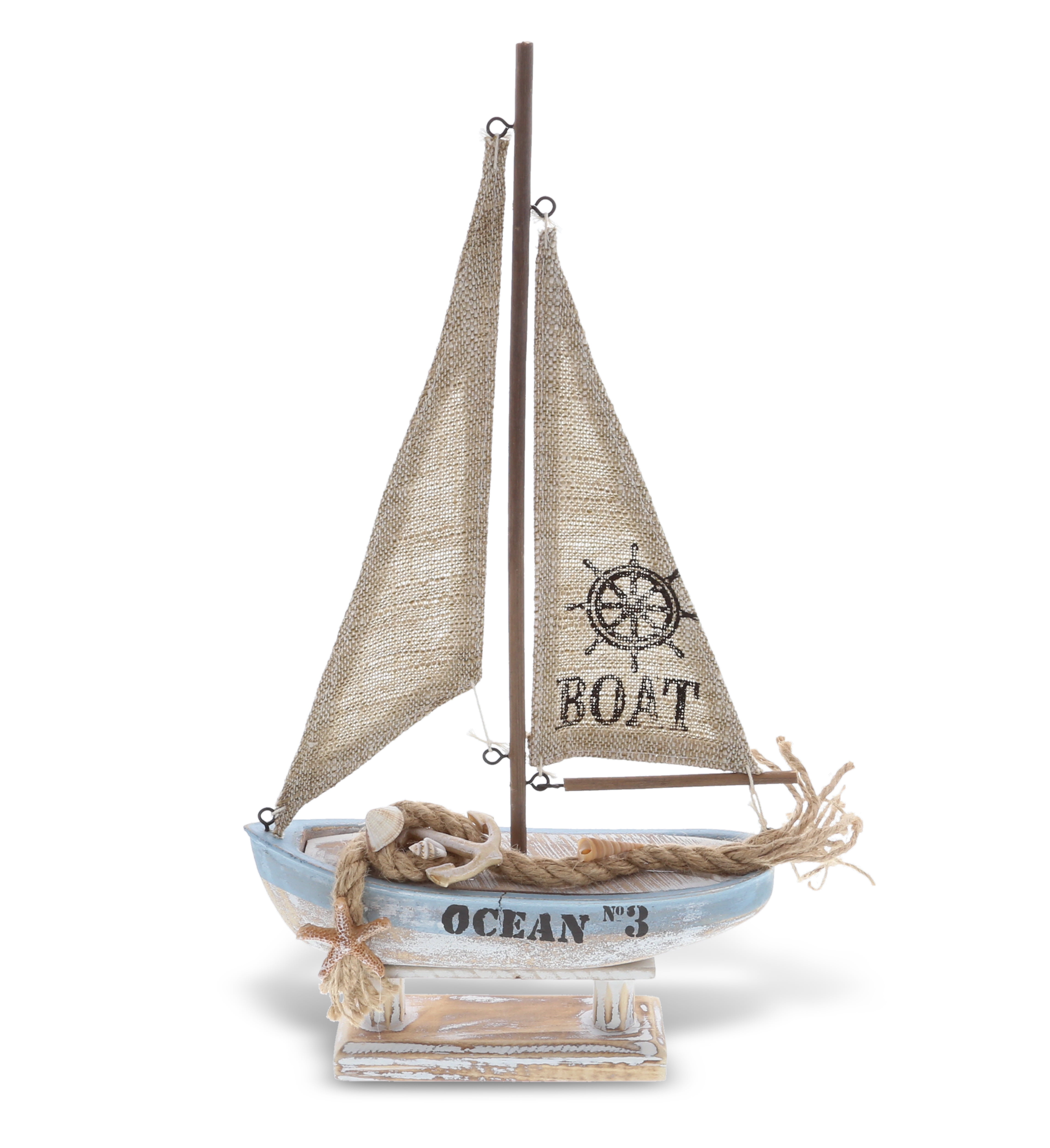 Coastal Horizon Distressed Blue and White Wooden Sailboat Decor