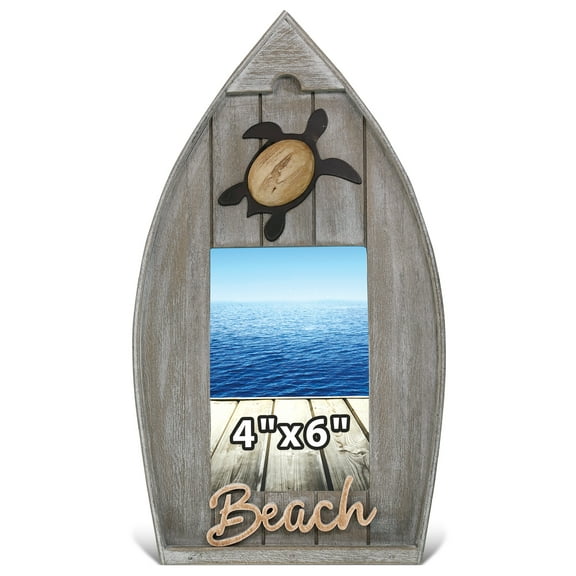 CoTa Global Coastal Sea Turtle Boat 4x6 Frame - Grey Distressed Wood Boat Photo Frame for Summer Vacation Memory, Handmade Boat-Shaped Nautical Picture Frame For Tabletop or Wall Hang - 12.5 Inches