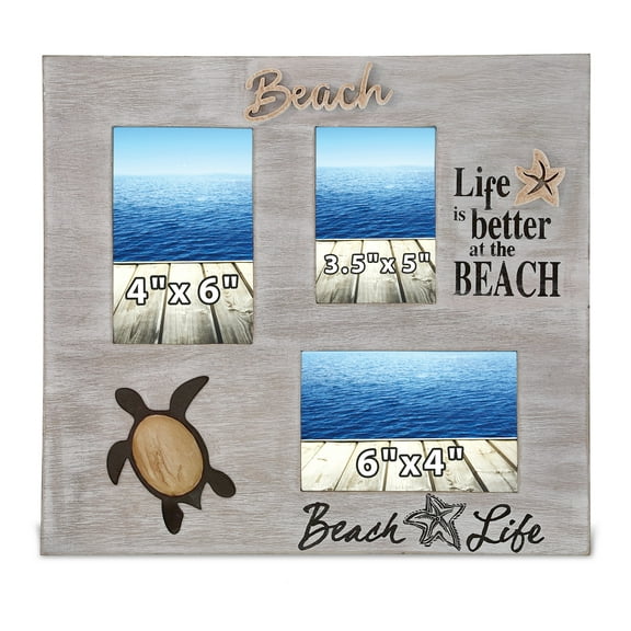 CoTa Global Coastal Sea Turtle Multi Photo Frame - White Distressed Wood Sea Turtle Photo Frame for Summer Vacation Memory, Handmade Multi Nautical Picture Frame For Tabletop or Wall Hang - 14 Inches
