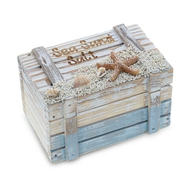CoTa Global Coastal Wooden Trinket Box - Handcrafted Nautical Keepsake Storage Box, Cute Wood Box with Starfish And Shells Decor, Rustic Wood Decorative Box With Hinged Lid Sea Decor - 4.25 Inches