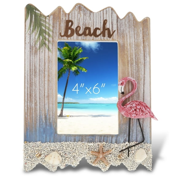 CoTa Global 4x6 Wooden Picture Frame - Handcrafted Beach Sand, Seashell Ornaments, and Pink Flamingo Decor Photo Frame for Wall or Tabletop Photo Display - 10 Inches