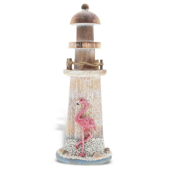 CoTa Global Flamingo Beach Lighthouse Decor - Handmade and Crafted Wooden Lighthouse Decoration with Sea Shells, Decorative Beach Style Tabletop Centerpiece, Nautical Themed Home Decor - 8.5 Inch