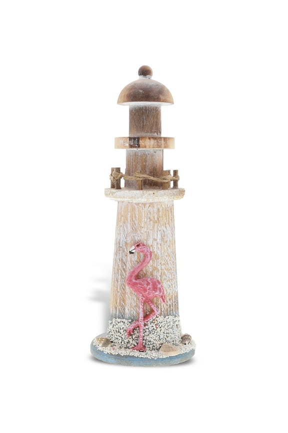 Flamingo Beach Lighthouse Decor - Handmade and Crafted Wooden Lighthouse Decoration with Sea Shells, Decorative Beach Style Tabletop Centerpiece, Nautical Themed Home Decor - 8.5 Inch