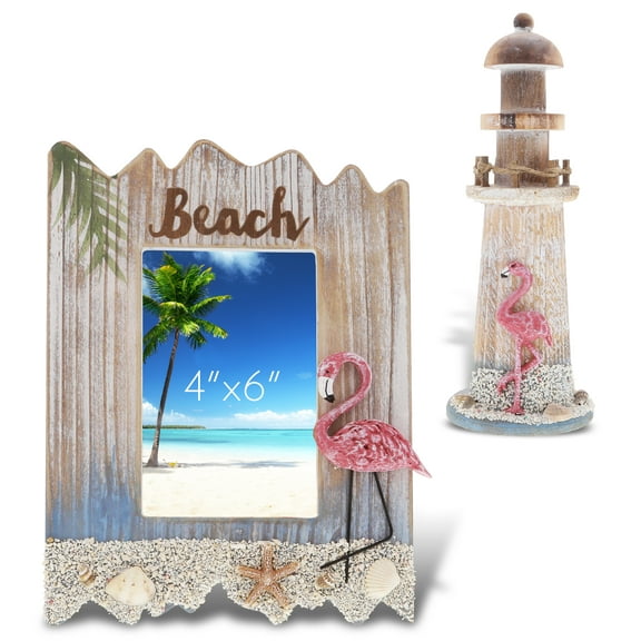 CoTa Global Flamingo Beach Nautical Decorations Set of 2  White Distressed Wood 4x6 Beach Seashell Photo Frame and 8.5 Inch Wooden Lighthouse Decor  Ocean Decoration for Summer Beach Style Home