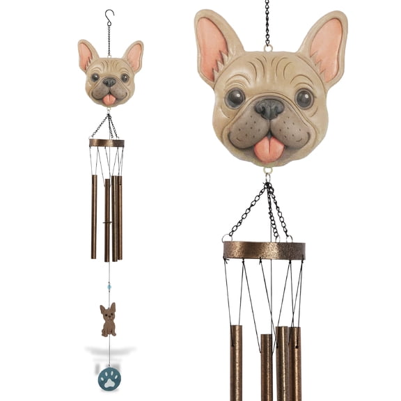 CoTa Global French Bulldog Wind Chime - Beige French Puppy Face Hanging Decor with Bronze Tone Wind Chime Tubes and Paw Wind Catcher, Indoor, Outdoor, Porch, Patio, Yard, Garden Decoration - 32 Inch