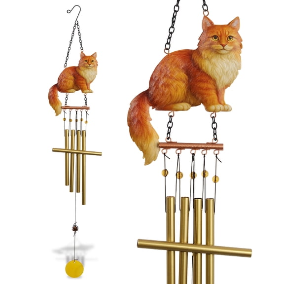CoTa Global Ginger Longhair Cat Wind Chime - Pet-Themed Metal Hanging Decor with Gold-Tone Tubes and Beaded Accents, Indoor Outdoor Porch Patio Garden Decoration - 34 Inches