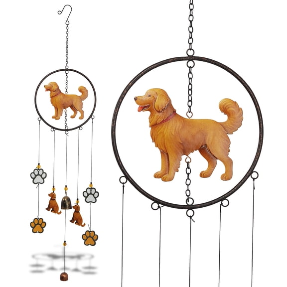 CoTa Global Golden Retriever Dog Wind Chime - Dog in Round Frame Hanging Decor with Bronze Tone Wind Chime Tubes and Round Wind Catcher, Indoor Outdoor Porch Patio Yard Garden Decoration - 35 Inches