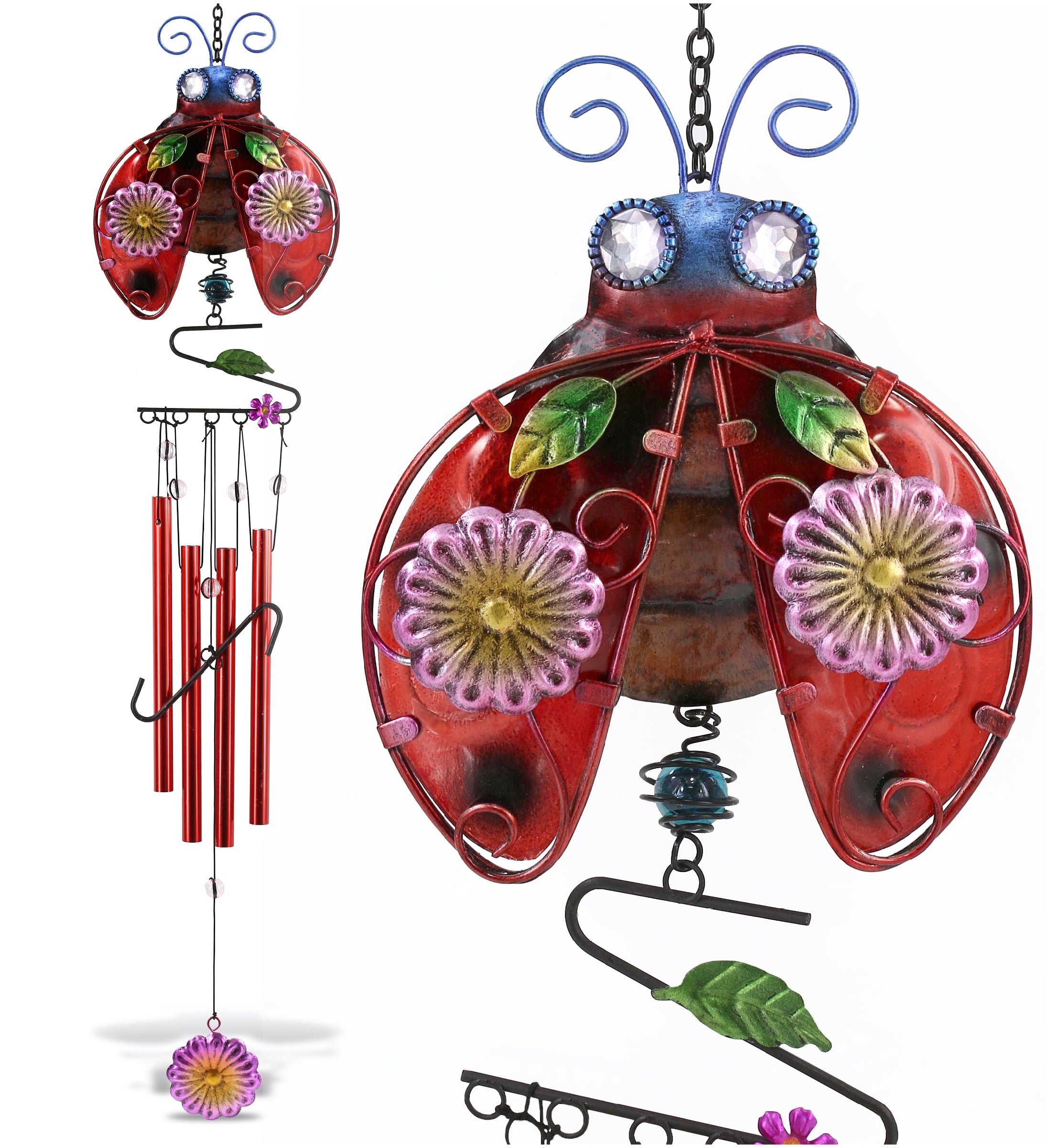 Handmade Colorful Ladybug Glass and Metal Wind Chime, 33.5 Inches