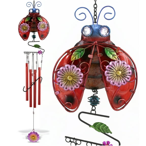 CoTa Global Ladybug Wind Chime - Handmade Glass and Metal Chime - Bug Wild Life Hanging Decor - Colorful Home Decor Gift, Indoor and Outdoor Hanging Decoration For Porch, Patio, and Garden - 33.5 Inch