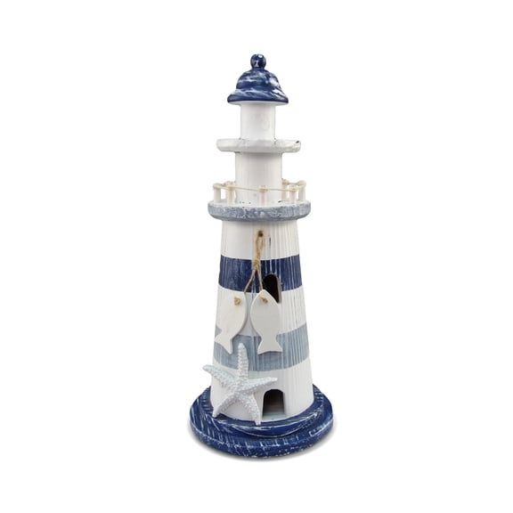 CoTa Global Large Blue White and Blue Stripes Wooden Lighthouse Decor - Cute Nautical Theme Decor Lighthouse with White Starfish Decor and Hanging Fish Decorative Ornaments - 4.5x11 Inches