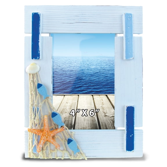 CoTa Global Light Blue Stripes Beach 4x6 Frame - Blue Distressed Wood Photo Frame, Handmade Starfish Net Beach Nautical Picture Frame For Tabletop or Wall Hang - 8.5 Inches